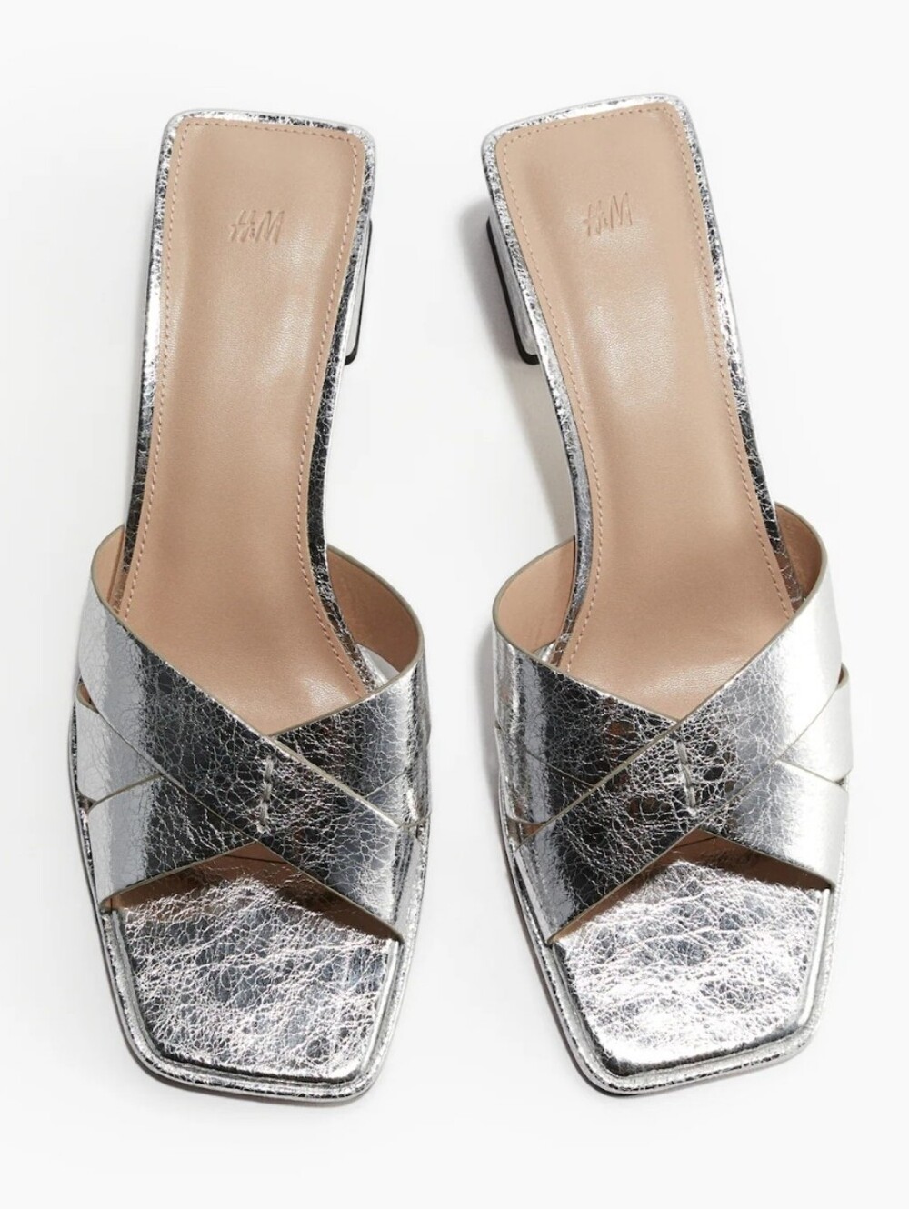Metallic Silver Low Block Heel Slide Sandals Square Toe Crossover Foot Straps 9 - Picture 3 of 14